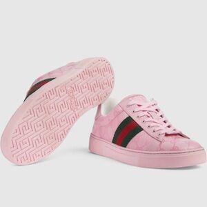 Pink Sneakers with Green and Red Stripes